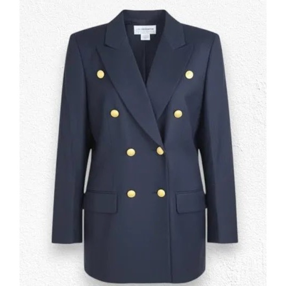 Liz Claiborne Collection Navy Blue Wool Double Breasted Blazer Gold Buttons 14